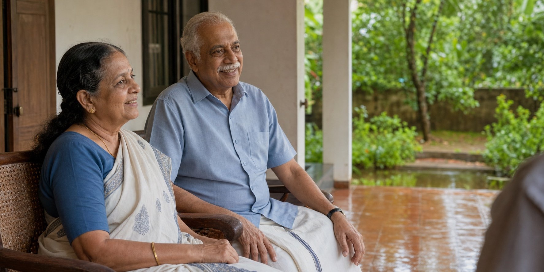 An elderly couple at their Kerala home