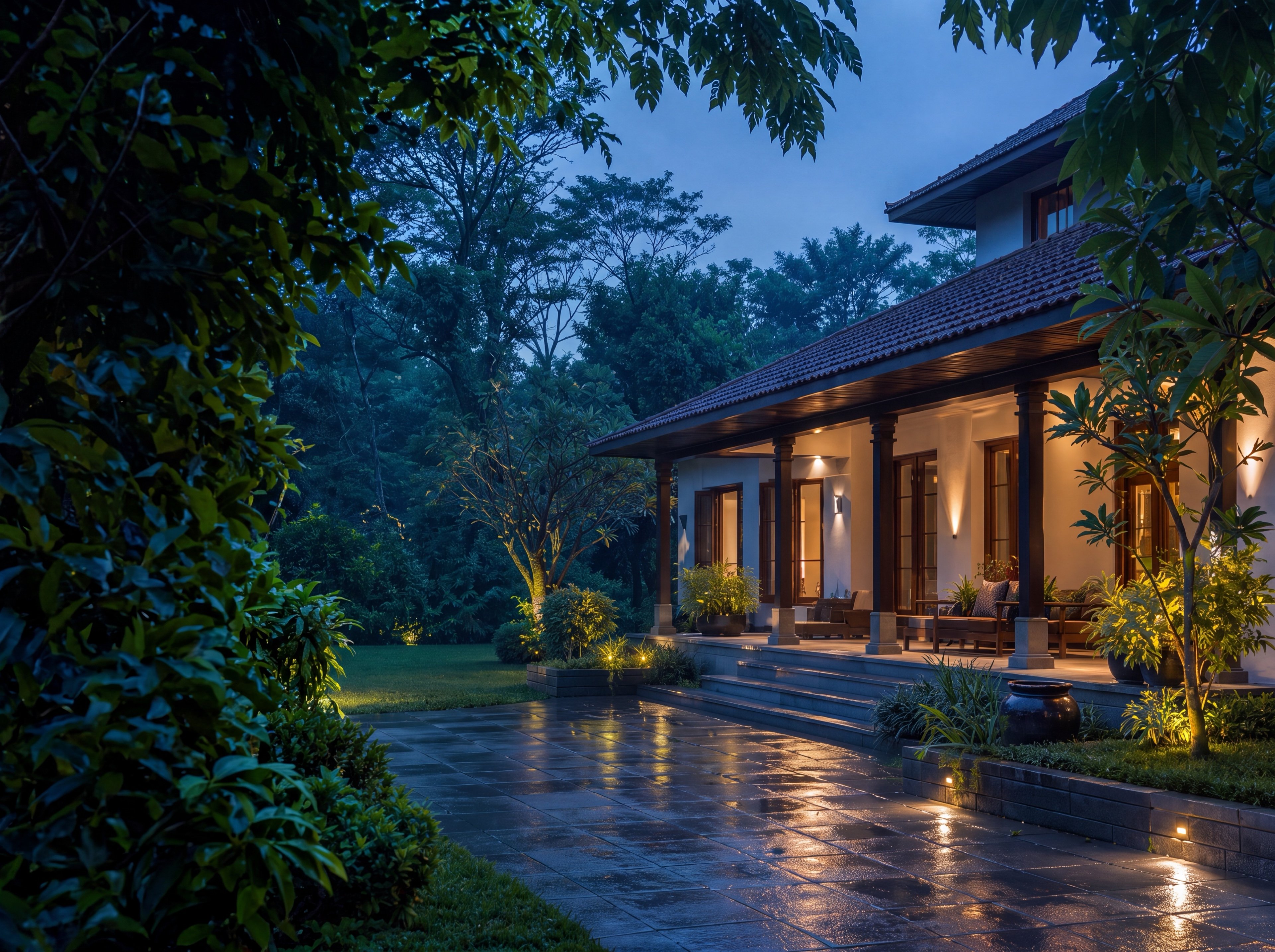 A well-kept Kerala residence warmly lit at blue hour after the monsoon