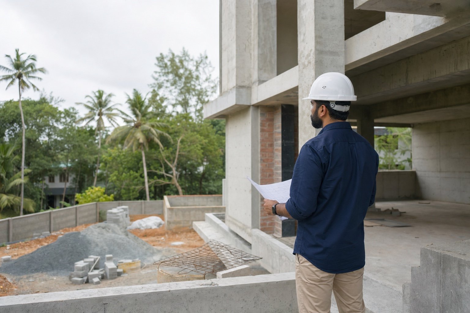 An independent professional reviewing a residential construction site in Kerala