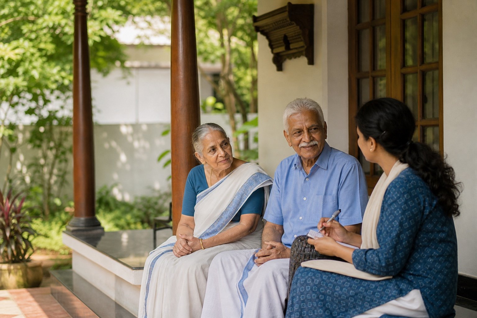 An elderly couple speaking with a trusted local support professional at home