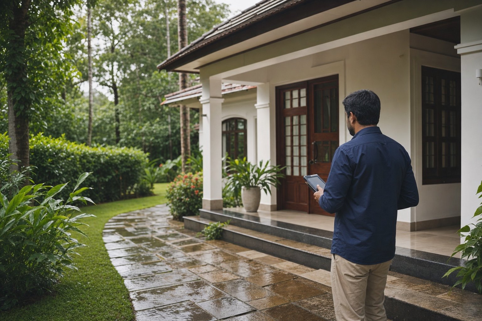 A local professional inspecting a Kerala home after the monsoon