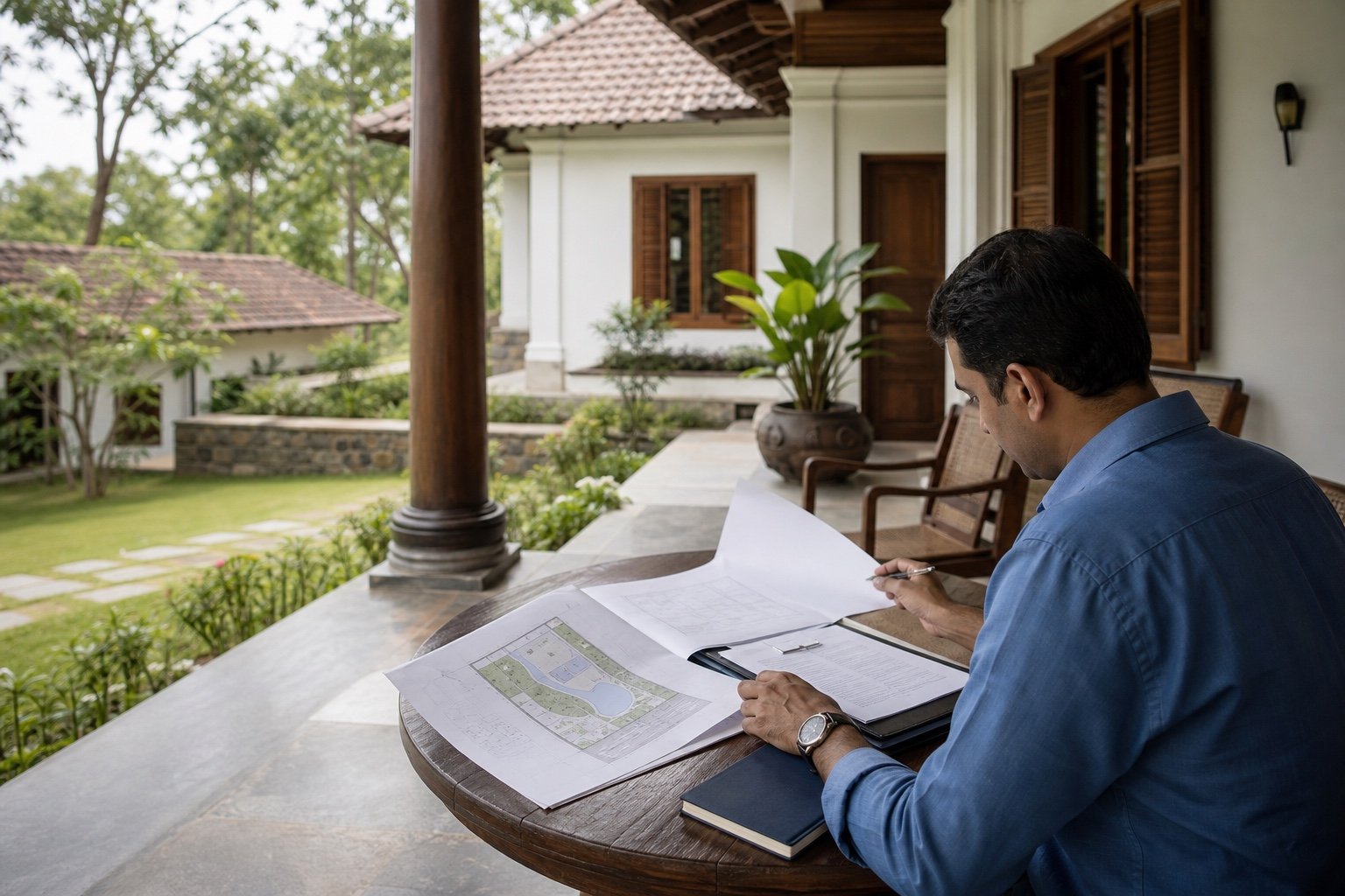A local adviser reviewing property documents at a Kerala home