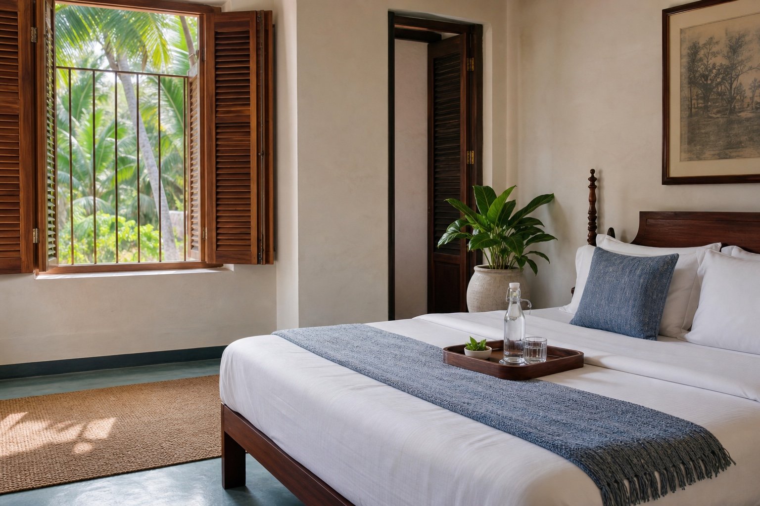 A carefully prepared short-stay bedroom in a Kerala home